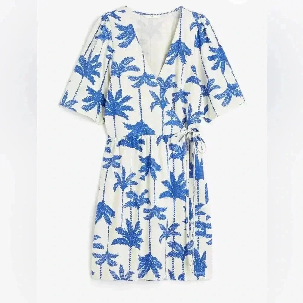 Cotton Jersey Wrap Dress in‎ floral Print Size M, palm, vacation, casual E6